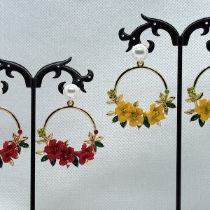 Crystal and Pearl Floral Wreath Hoop Earrings-yellow-red