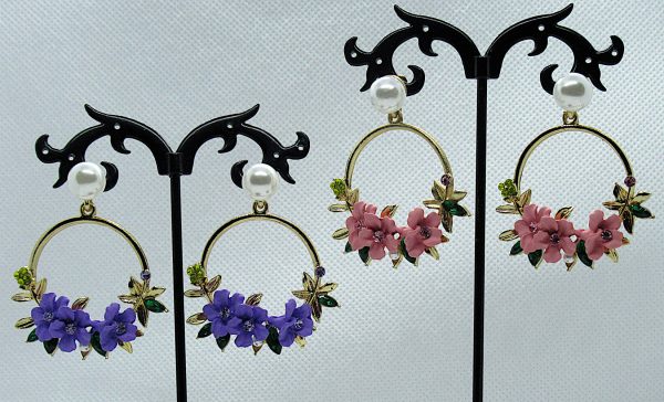 Crystal and Pearl Floral Wreath Hoop Earrings-pink-purple