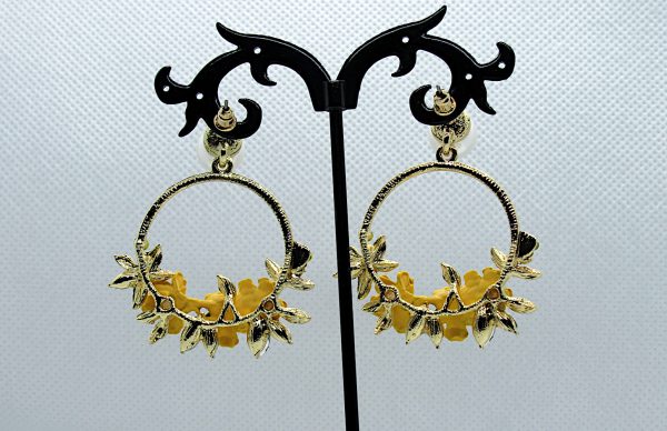 Crystal and Pearl Floral Wreath Hoop Earrings-yellow, back