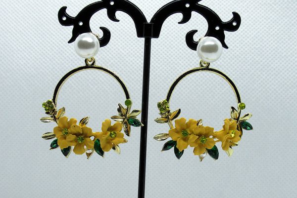 Crystal and Pearl Floral Wreath Hoop Earrings-yellow
