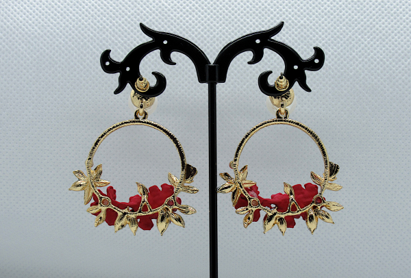 Crystal and Pearl Floral Wreath Hoop Earrings-Red-back