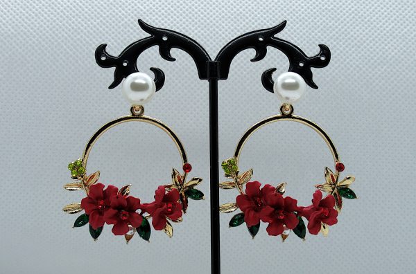 Crystal and Pearl Floral Wreath Hoop Earrings-Red