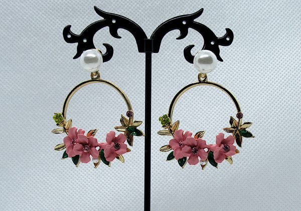 Crystal and Pearl Floral Wreath Hoop Earrings-pink