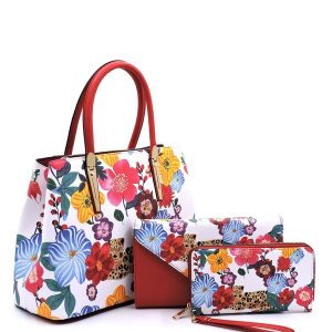 Flower and Leopard Satchel, Matching Clutch, and Matching Wallet 3-in-1 Set