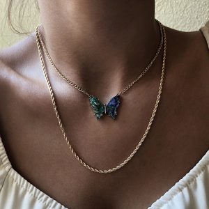 Faux Abalone Butterfly Pendant Multi-Layer Twisted Gold Chain Necklace
